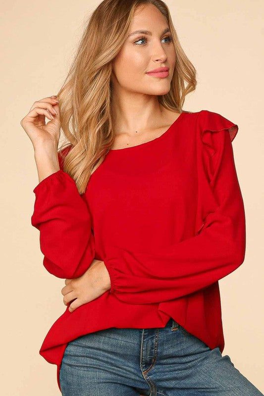 RUFFLE SHOULDER BUBBLE SLEEVE CREPE WOVEN TOP