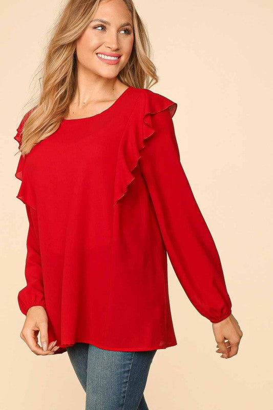 RUFFLE SHOULDER BUBBLE SLEEVE CREPE WOVEN TOP