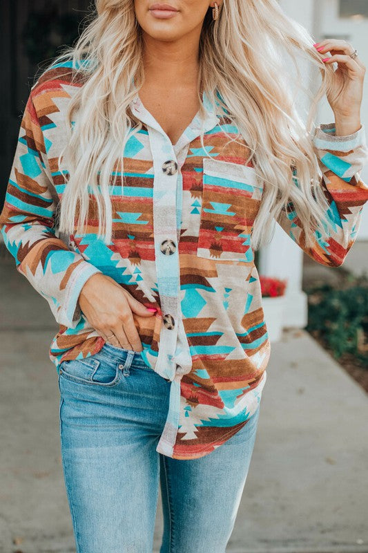 Multicolor Comfy in Aztec Button Up Blouse