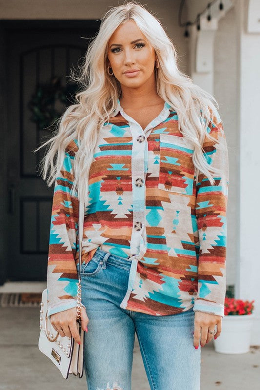 Multicolor Comfy in Aztec Button Up Blouse