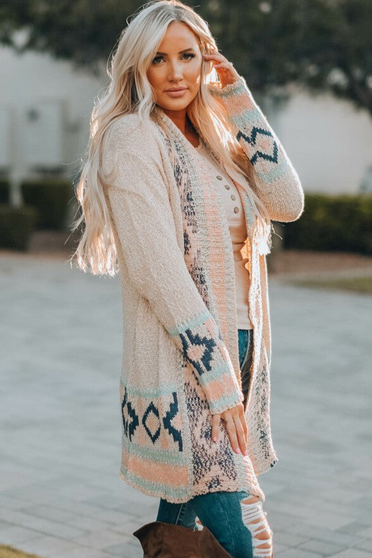 Apricot Aztec Print Open Front Cardigan