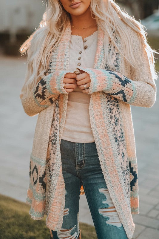 Apricot Aztec Print Open Front Cardigan