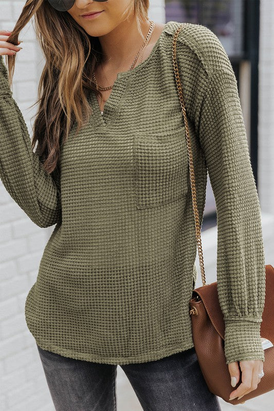 Waffle Knit Split Neck Pocketed Loose Top