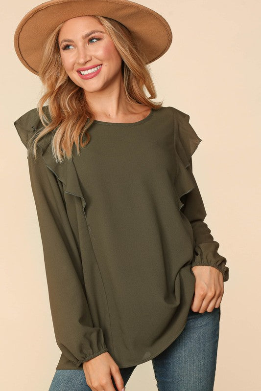 PLUS RUFFLE SHOULDER BUBBLE SLEEVE CREPE WOVEN TOP