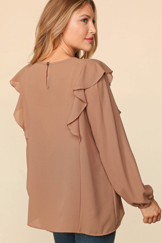 PLUS RUFFLE SHOULDER BUBBLE SLEEVE CREPE WOVEN TOP