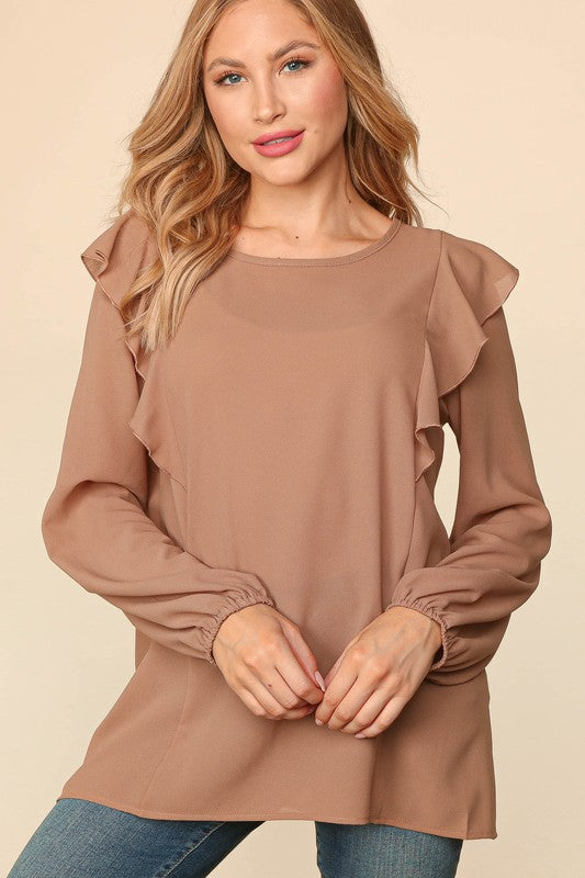 PLUS RUFFLE SHOULDER BUBBLE SLEEVE CREPE WOVEN TOP