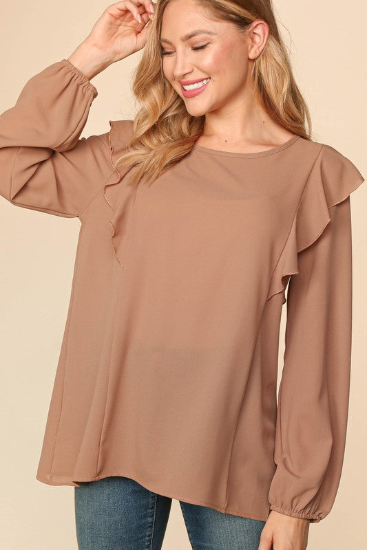 PLUS RUFFLE SHOULDER BUBBLE SLEEVE CREPE WOVEN TOP