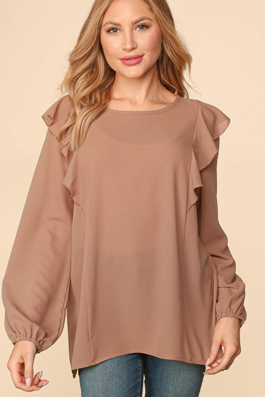 PLUS RUFFLE SHOULDER BUBBLE SLEEVE CREPE WOVEN TOP