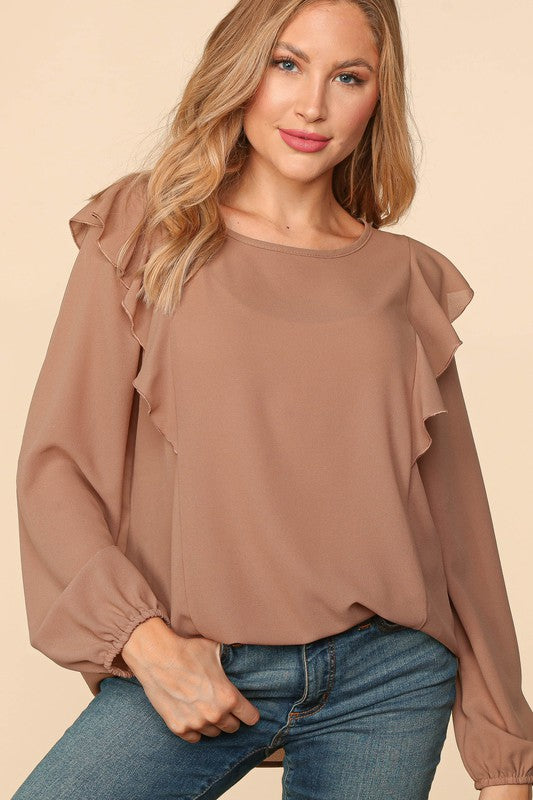 RUFFLE SHOULDER BUBBLE SLEEVE CREPE WOVEN TOP