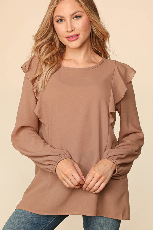 RUFFLE SHOULDER BUBBLE SLEEVE CREPE WOVEN TOP