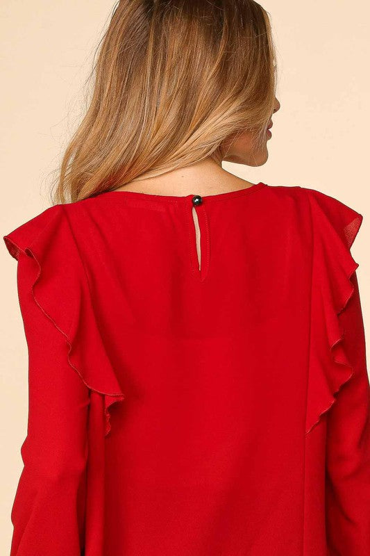 PLUS RUFFLE SHOULDER BUBBLE SLEEVE CREPE WOVEN TOP