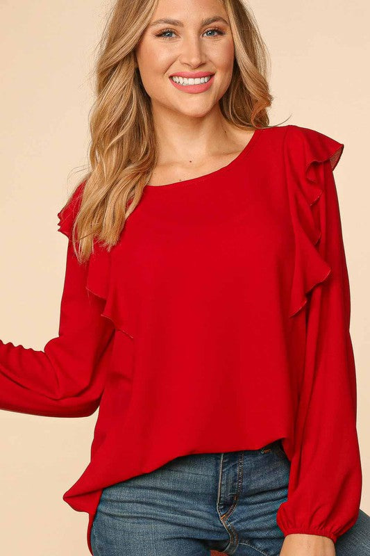 RUFFLE SHOULDER BUBBLE SLEEVE CREPE WOVEN TOP