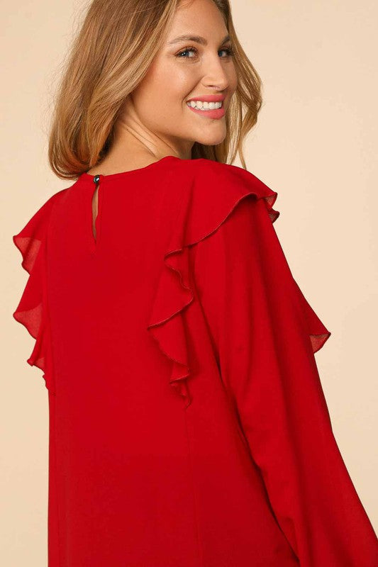 RUFFLE SHOULDER BUBBLE SLEEVE CREPE WOVEN TOP