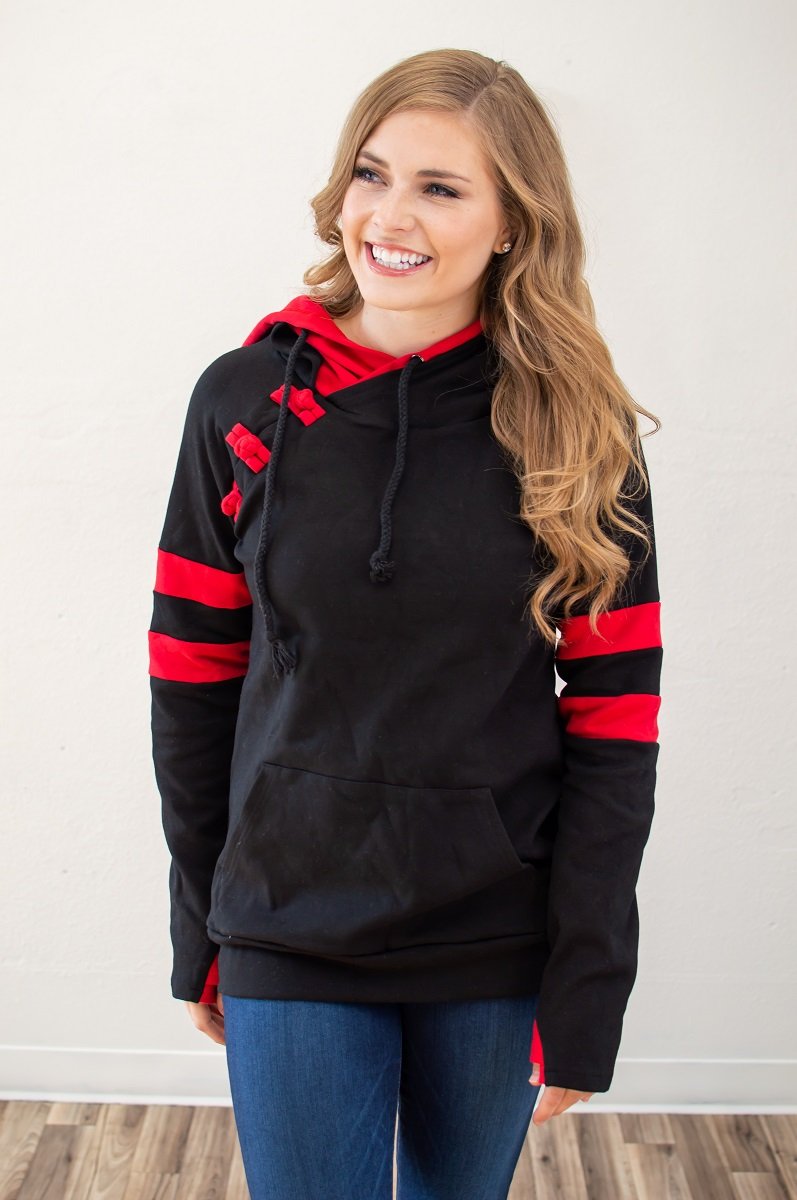 Black and Red Varsity Women's Double Hooded Sweatshirt