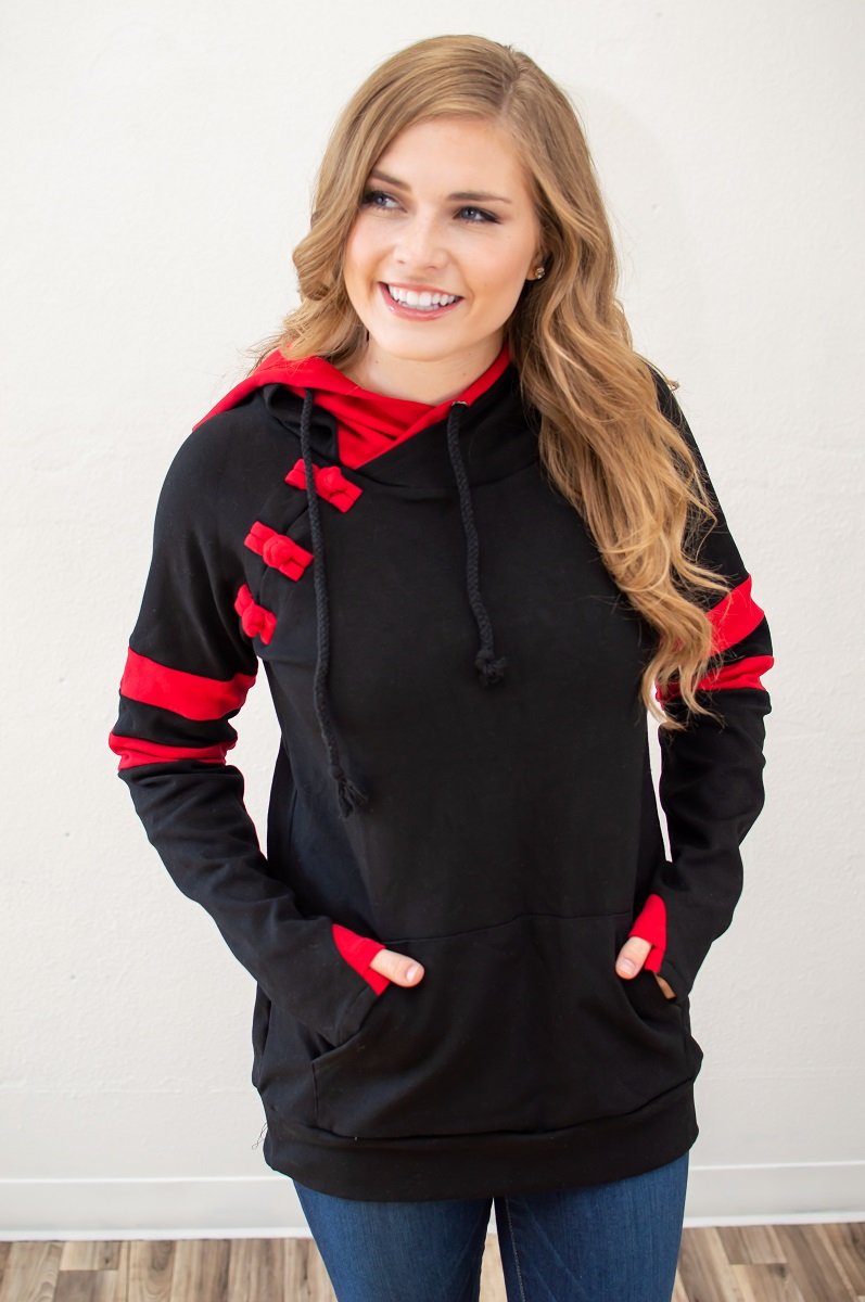 Black and Red Varsity Women's Double Hooded Sweatshirt