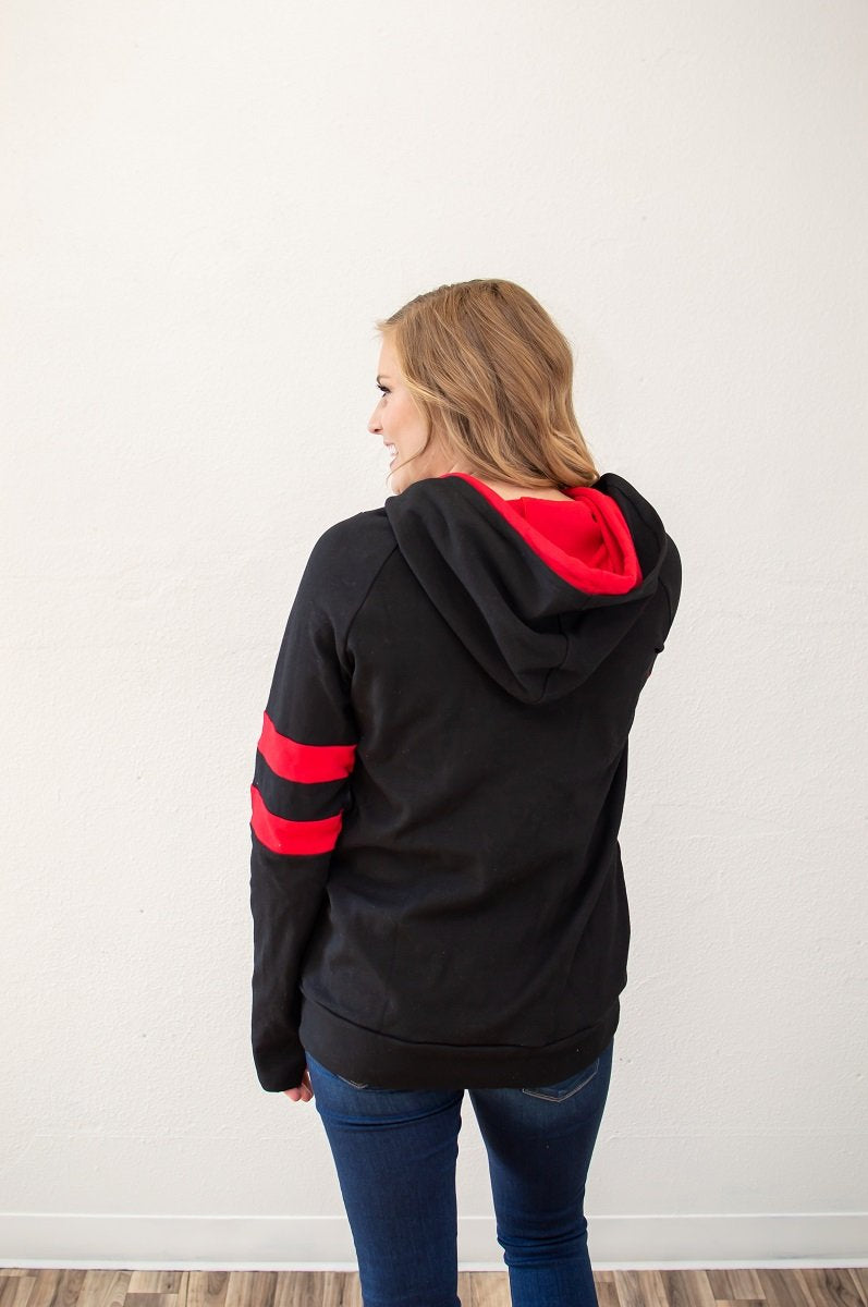 Black and Red Varsity Women's Double Hooded Sweatshirt