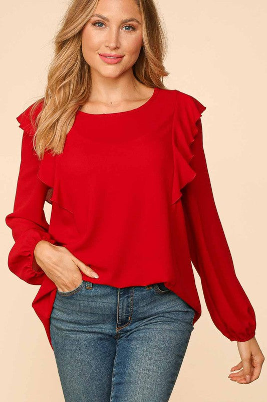 PLUS RUFFLE SHOULDER BUBBLE SLEEVE CREPE WOVEN TOP