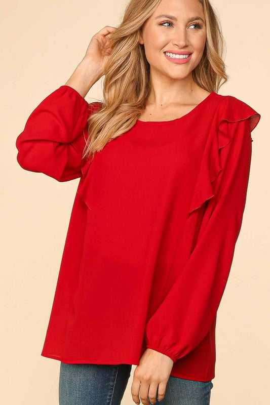 PLUS RUFFLE SHOULDER BUBBLE SLEEVE CREPE WOVEN TOP